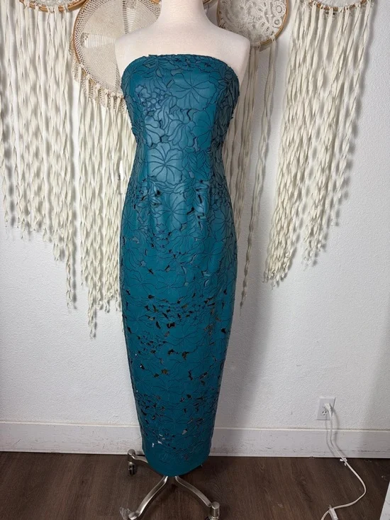Cult Gaia Raylene Teal Lazer Cut Embroidered Strapless Midi Dress Size US6 - Picture 2 of 12